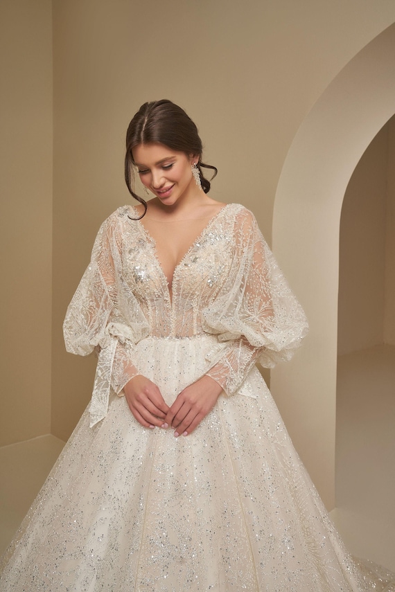 puffy glitter wedding dresses Full Beaded Pearl Dress With Puff Sleeve, Fairytale Princess Wedding Dress, Maxi A-line Wedding Gown, V Neck Bridal Dress sparkly ball gown wedding dress