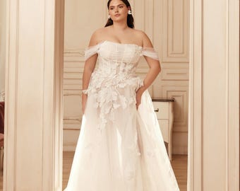 A-Line Wedding Dress with Train, Plus Size Wedding Dress, Ivory Gown with Off Shoulder Corset, 3D Floral Appliques, Pearl Bridal Gown