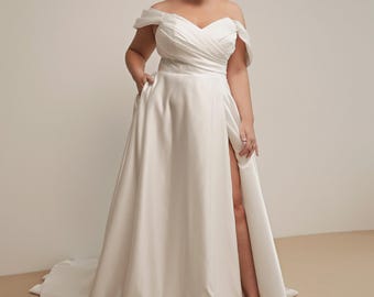 Elegant Plus Size Elegant Wedding Dress, Off The Shoulder A-Line Wedding Gown, Minimalist Satin Bridal Dress, Custom Size