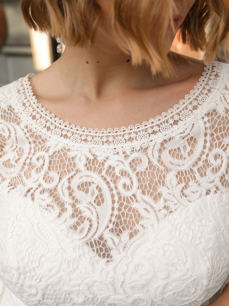 Lace Wedding Dress, Midi Length Straight Wedding Gown, Long Boho Sleeve Bridress, V Neck Wedding Gowns on Back, Simple Wedding Dress image 9