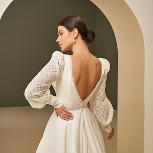 Chiffon A-line Wedding Dress With Lace Long Sleeve, Bohemian Simple Bridal Dress With Train, Elopement Dress, Beach Bridal Gown, Custom Size