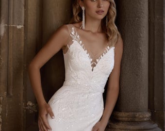 Elegant Mermaid Wedding Dress, Bridal Gown With Lace Bodice & Sheer Straps, Fitted Bridal Dress With Train, Ivory Modern Wedding Gown
