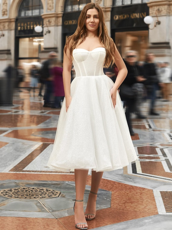 Glitter Wedding Dress With Sexy Open Corset, Sparkly Tea Length Bridal Dress, Flowing Midi Prom Dress, Custom Minimalist Wedding Dress - Etsy Glitter Wedding Dress With Sexy Open Corset, Sparkly Tea Length Bridal Dress, Flowing Midi Prom Dress, Custom Minimalist Wedding Dress - Etsy
