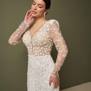 Royal Beaded Wedding Dress, Sparkly Bridal Dress, Long Sleeve Dress, Shiny Mermaid Wedding Gown, Vintage Style Dress Bridal Dress With Train