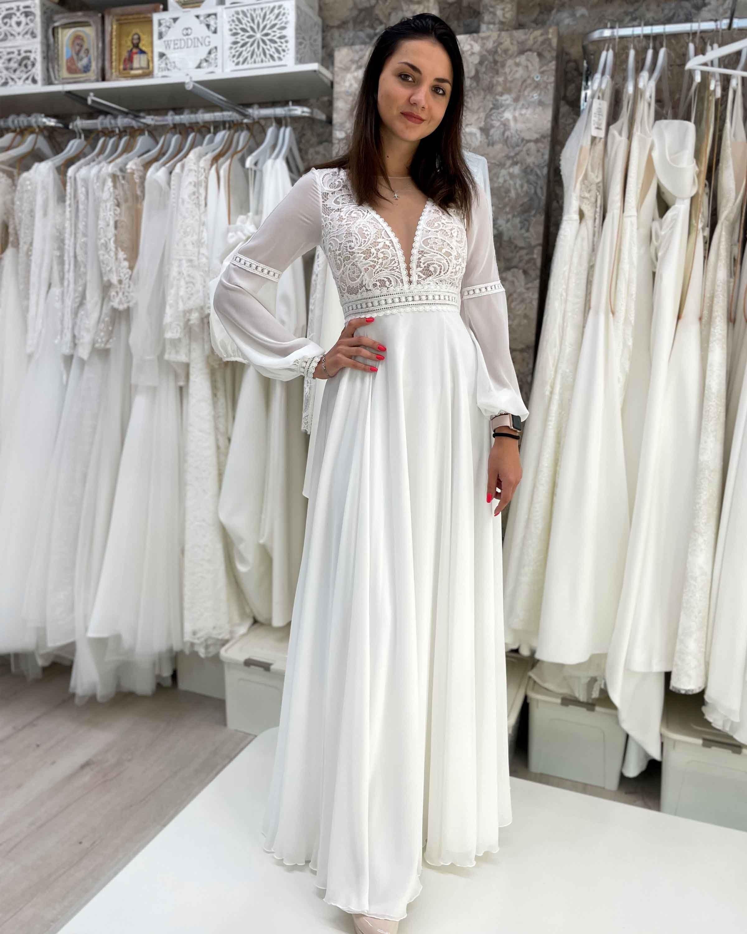 Boho Chiffon Maxi Wedding Dress, Bridal Gown With Small