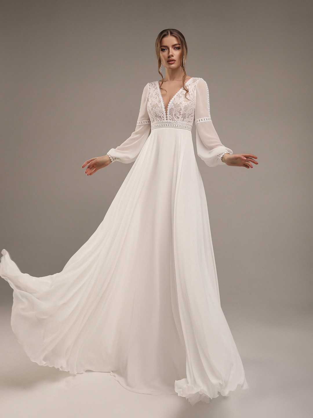 Boho Chiffon Maxi Wedding Dress, Bridal Gown With Small Train, Lantern — free download