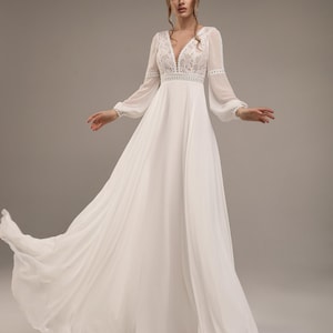 Boho Chiffon Maxi Wedding Dress, Bridal Gown with Small Train, Lantern Bishop Sleeve Wedding Dress, Sheer Long Sleeves, Lace Bridal Dress