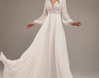 Boho Chiffon Maxi Wedding Dress, Bridal Gown with Small Train, Lantern Bishop Sleeve Wedding Dress, Sheer Long Sleeves, Lace Bridal Dress