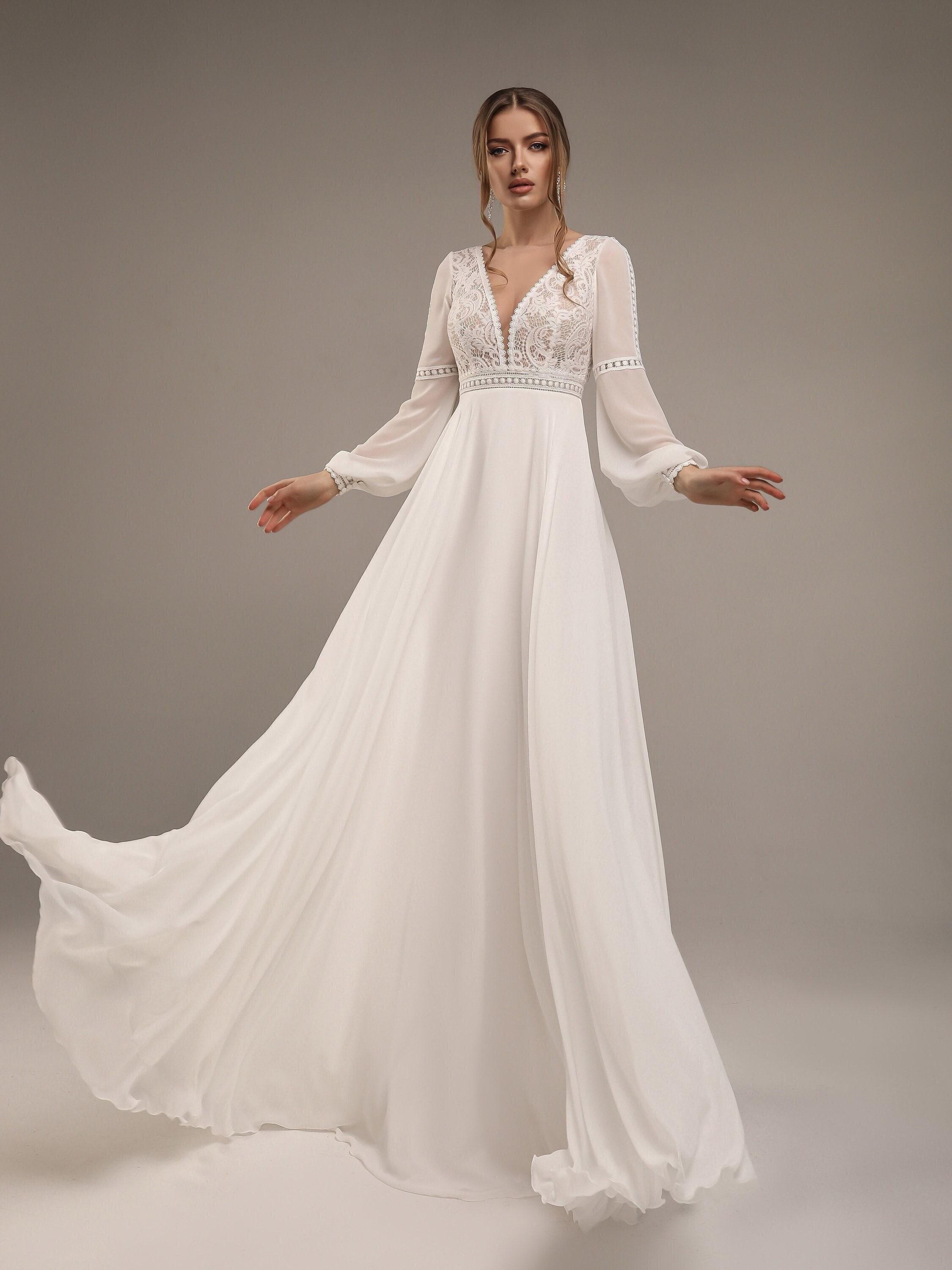 Boho Chiffon Maxi Wedding Dress, Bridal Gown With Small
