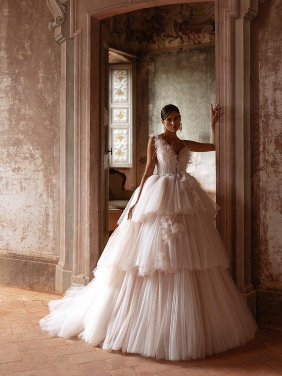 Statement Tulle Wedding Dress with 3D Floral Appliques, Puffy A Line Bridal Gown, Glitter Long Train Dress, Feather Wedding Gown Ivory
