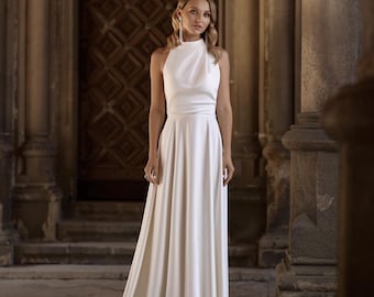Elegant High-Neck Satin Wedding Dress, Open Back A-Line Bridal Gown, Minimalist Ivory Dress with Small Train, 2025 Bridal Dress, Custom Size
