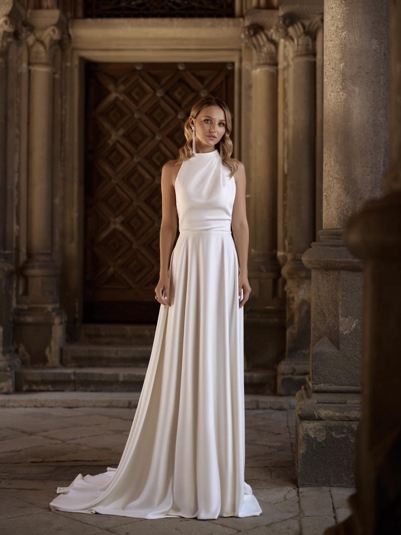 Elegant High-Neck Satin Wedding Dress, Open Back A-Line Bridal Gown, Minimalist Ivory Dress with Small Train, 2025 Bridal Dress, Custom Size image 1