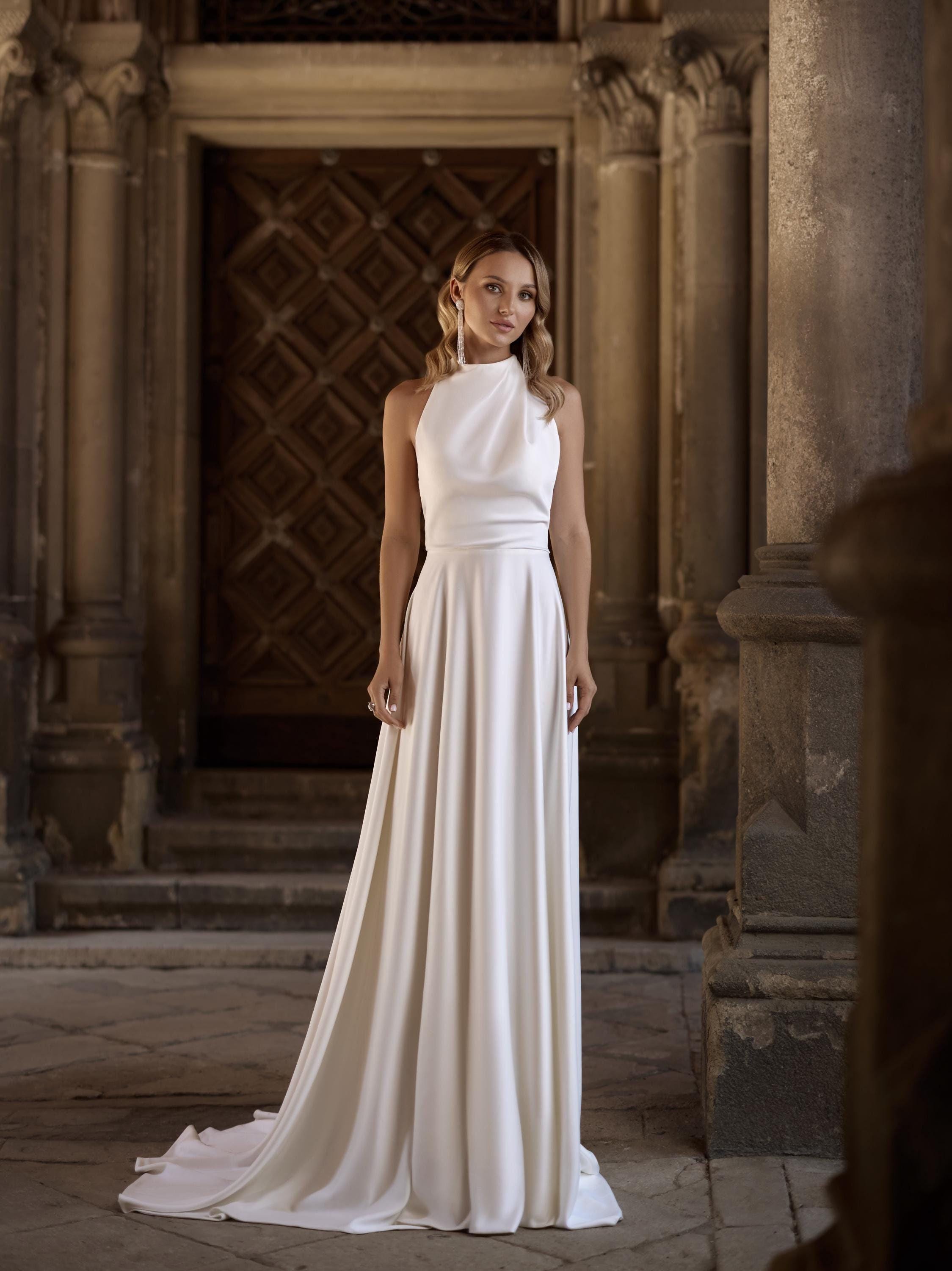 Elegant High-Neck Satin Wedding Dress, Open Back A-Line Bridal Gown, Minimalist Ivory Dress with Small Train, 2026 Bridal Dress, Custom Size