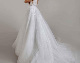 Beaded Corset A-Line Wedding Dress, Fairy Wedding Dress, Romantic Bridal Dress with Train, Open Shoulders Wedding Dress, V-neck Bridal Gown