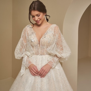 Glitter Full Beaded Pearl Wedding Dress with Puff Sleeve, Fairytale Princess Wedding Dress, Maxi A-line Wedding Gown, V Neck Bridal Dress
