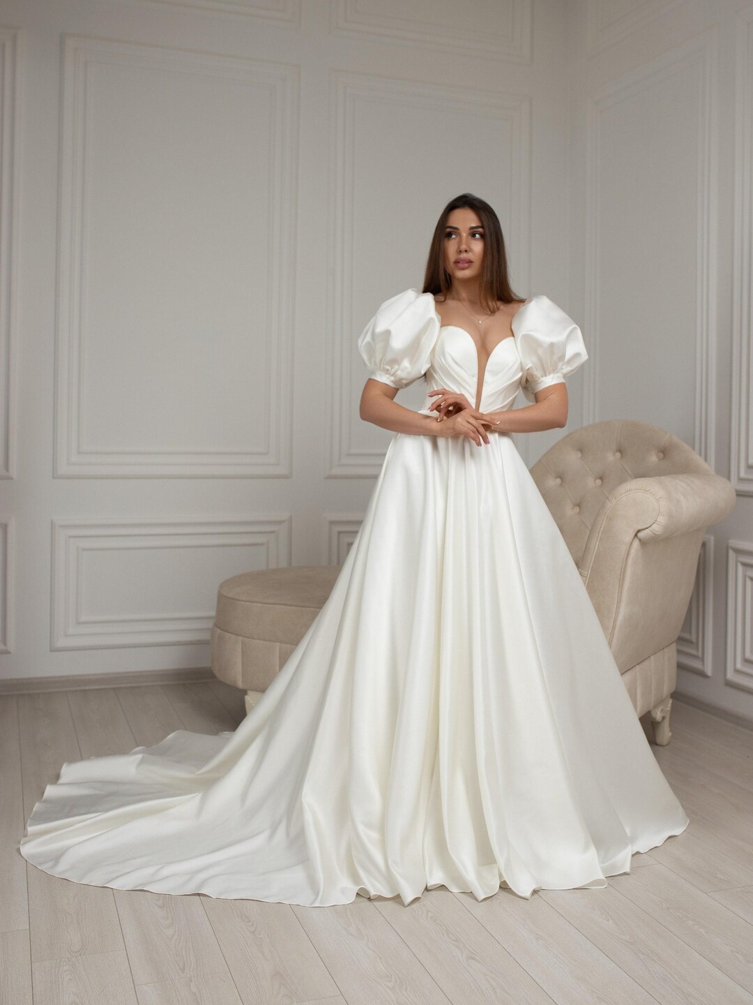 Glamorous A-Line Long-Sleeve Satin Deep-V Beaded-Waist Train Length Wedding Dresses