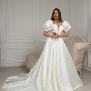 Adorable A-line Wedding Dress, Satin Bridal Gown with Puff Sleeves, Corset with Deep V-neck, Elegant Wedding Dress Train, Maxi Bridal Dress