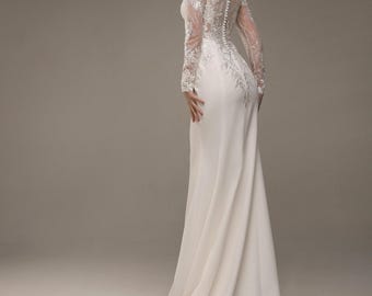 Handmade lace bridal dress, bohemian dress, maxi wedding dress train, long sleeves lace decorations, luxurious wedding dress, high neck