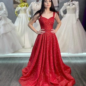 Red Glitter Evening Long Dress, Shining Party Dress, Elegant Off Shoulder Dress, Evening Gown, A-Silhouette Evening Dress, Maxi Length Dress