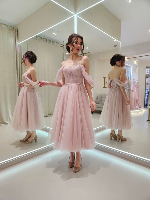 Off the Shoulder Powder Midi Dress, Soft Pink Tulle Dress, Fairy  