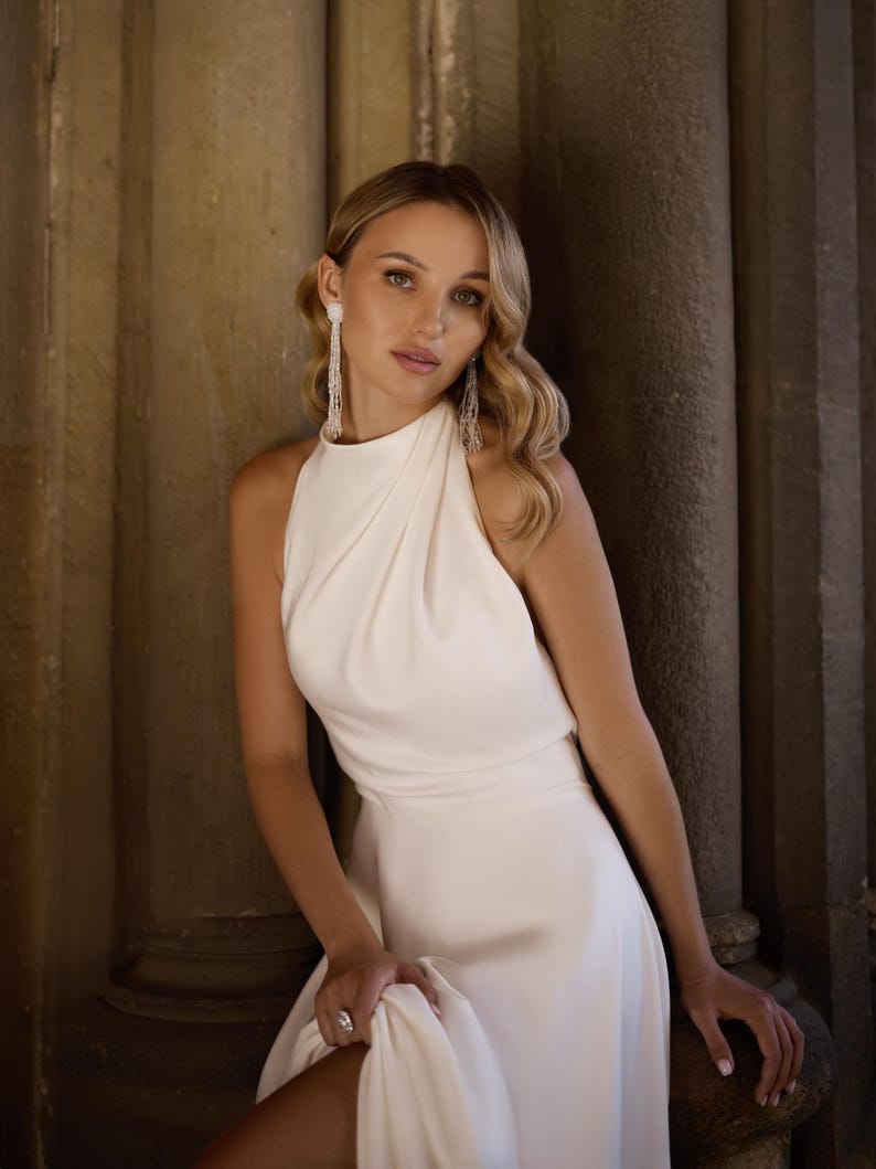 Elegant High-Neck Satin Wedding Dress, Open Back A-Line Bridal Gown, Minimalist Ivory Dress with Small Train, 2025 Bridal Dress, Custom Size image 3