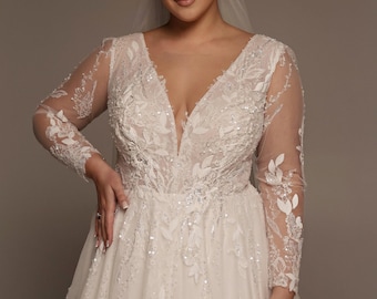 Plus Size Wedding Dress, Lace Long Sleeve A-Line Bridal Gown, Plunging Neckline, Small Train
