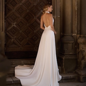 Elegant High-Neck Satin Wedding Dress, Open Back A-Line Bridal Gown, Minimalist Ivory Dress with Small Train, 2025 Bridal Dress, Custom Size image 2