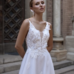 Romantic A-Line Wedding Dress with 3D Flowers, Open Back Dress, Bohemian Lace & Tulle Bridal Gown, Small Train Dress, Custom Size Dress