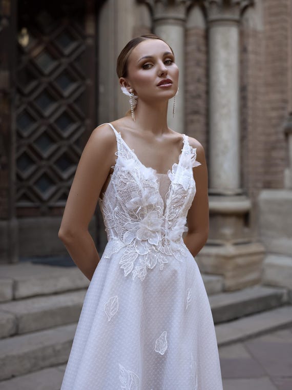 Romantic A-Line Wedding Dress with 3D Flowers, Open Back Dress, Bohemian Lace & Tulle Bridal Gown, Small Train Dress, Floral Bridal Gown Romantic A-Line Wedding Dress with 3D Flowers, Open Back Dress, Bohemian Lace & Tulle Bridal Gown, Small Train Dress, Floral Bridal Gown