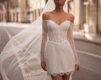 Sparkly Short Wedding Dress with Long Sleeves, Off-the-Shoulder Mini Bridal Dress, Second Wedding Dress, Civil Ceremony Dress