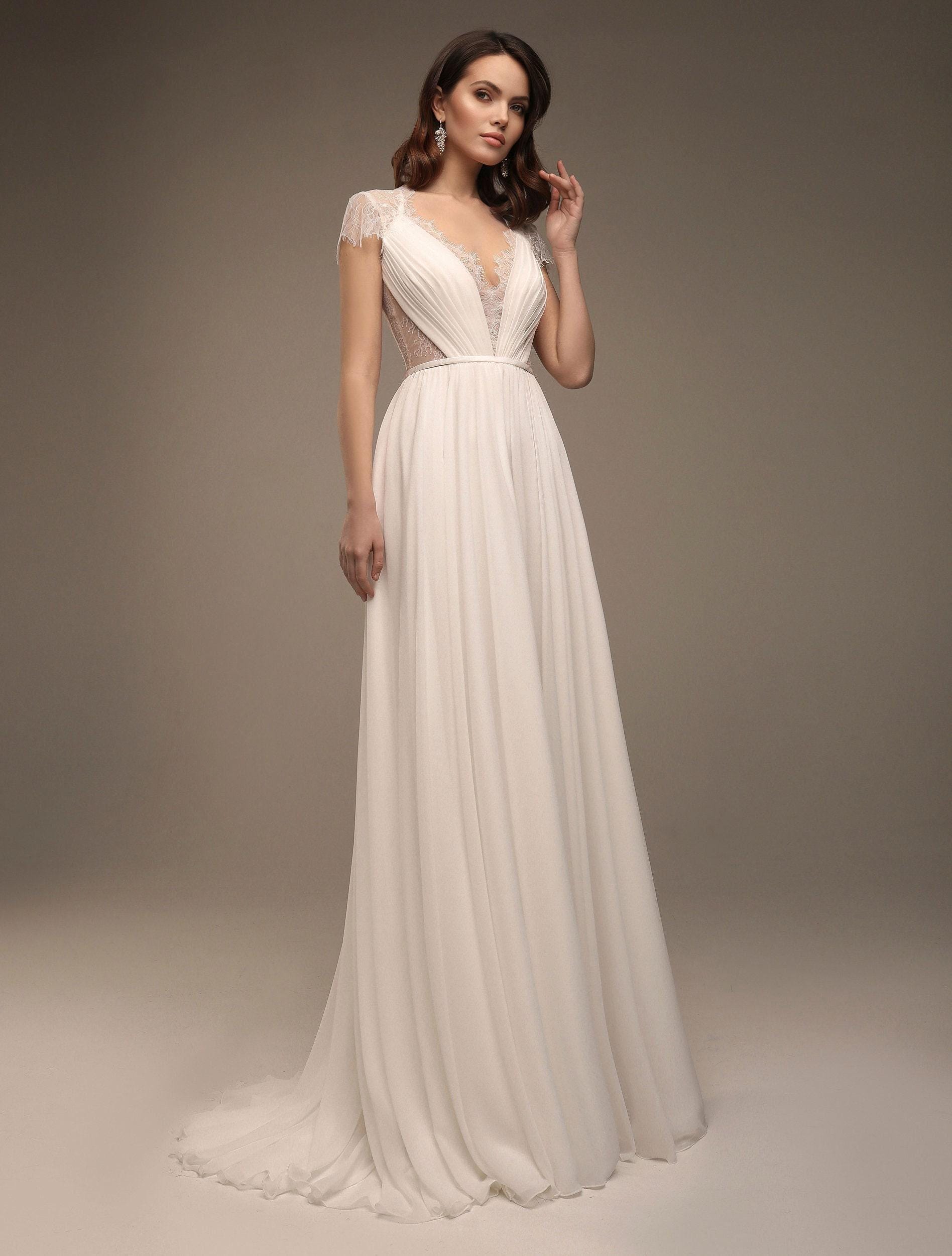 Lace Decorations Wedding Maxi Dress With Train, Greek Style Dress, Lace Sleeves and Semi-Transparent Back with Buttons, Modern Wedding Dress