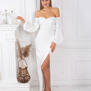 Simple Wedding Dress, Off the Shoulder Bridal Gown with Sleeves, Bridal Rehearsal Dress, Casual Wedding Dress, Elopement Dress, Custom Size