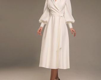 Bescheiden trouwjurk met lange mouwen, midi-theelengte gewaad trouwjurk, eenvoudige trouwjurk, rustieke minimalistische bruidsjurk, aangepast formaat
