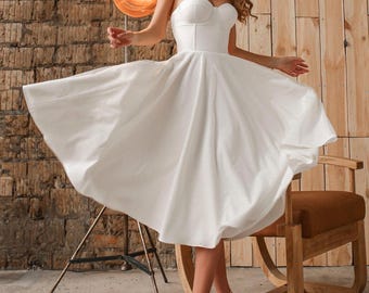 Corset Flowing Midi-Length Dress, Off Shoulder Bridal Dress, Boho Wedding Dress, Simple Wedding Gown, Tea Length Bridal Dress Polka Dot