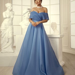 Blue Organza Evening Dress, Celebrity Style Evening Dress, Long Prom, Homecoming and Event Dress, Open Shoulder Fairy Dress, Bridesmaid Gown