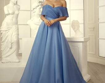 Blue Organza Evening Dress, Celebrity Style Evening Dress, Long Prom, Festive Dress, Open Shoulder Fairy Dress, Princess Style Party Dress