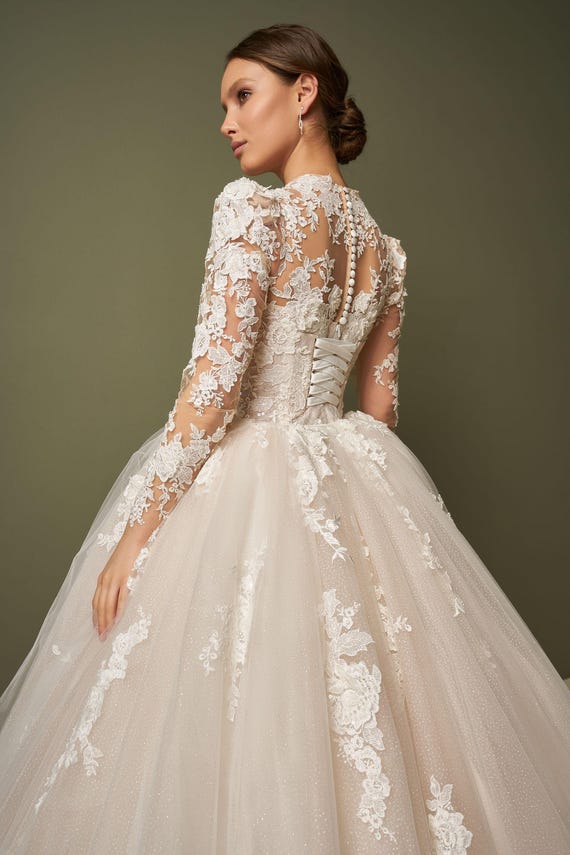 knee length dresses for ladies Long Sleeve Overskirt Bridal Gown by Adrianna Papell 31319L main image 1