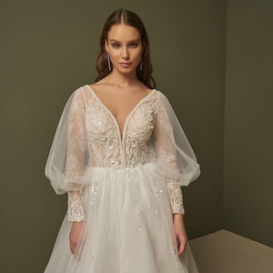 Dainty Beaded Wedding Dress, Removable Puff Sleeve, Maxi A-line Lace Wedding Gown, V-Neck Bridal Dress, Wedding Ivory Dress With High Split