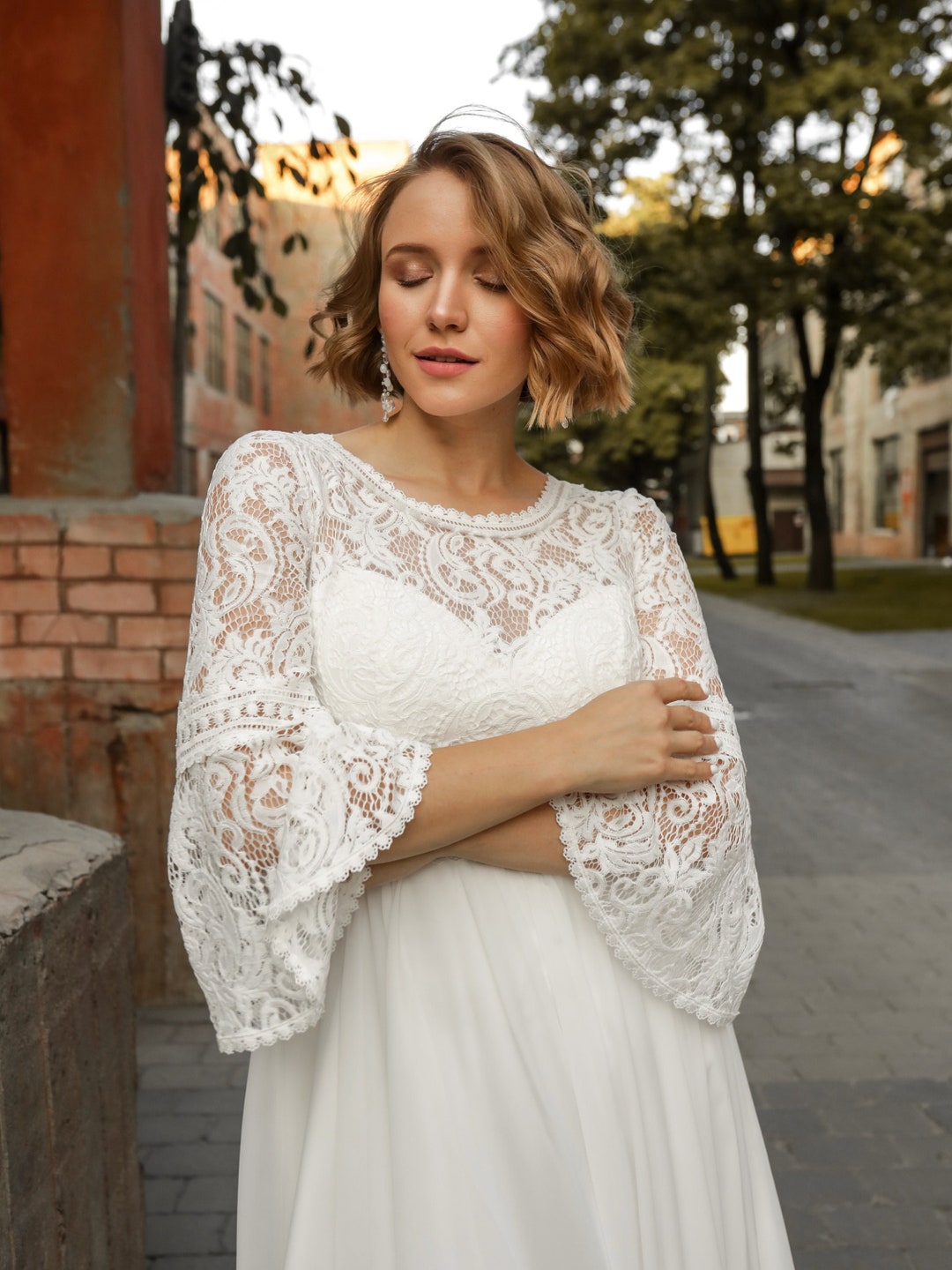 Plus Size Boho Wedding Dress, Long Sleeve Bridal Dress Low Back Floor ...