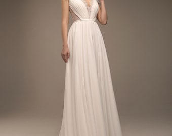 Greek Style Bridal Dress, Short Lace Sleeves, Semi-Transparent Back with Buttons, Lace Decorations Wedding Dress, Train Maxi Bridal Dress