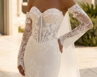 Modern Mermaid Wedding Dress with Corset Lace Up, Off Shoulder Lace Appliques Bodice, Lace Skirt with Train, Summer Bridal Gown 2026