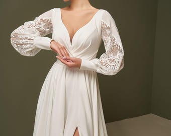 Simple Chiffon Wedding Dress | Boho Bridal Dress with Lace | Minimalist Elopement Dress with Long Sleeve | Beach Bridal Gown | Custom Size