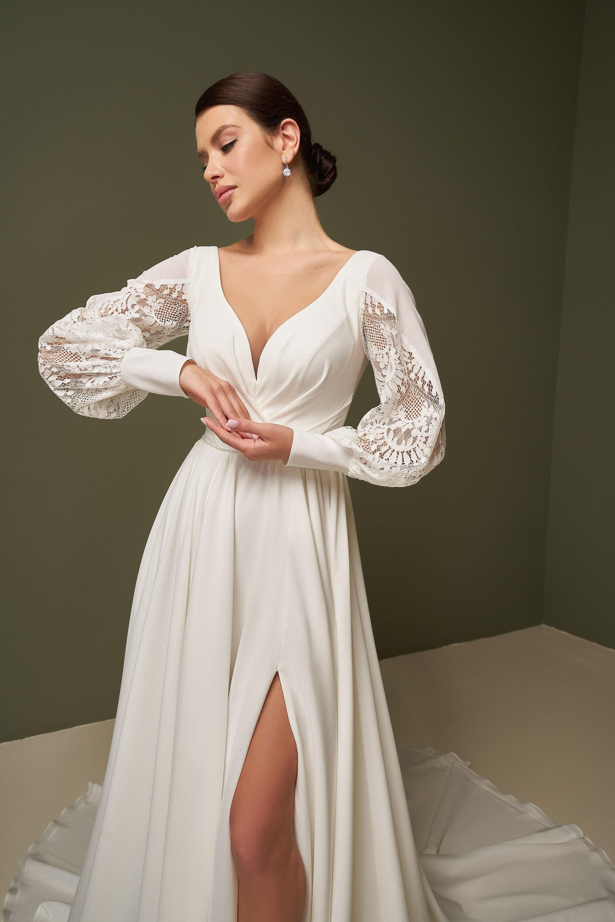 Simple Chiffon Wedding Dress | Boho Bridal Dress with Lace | Minimalist Elopement Dress with Long Sleeve | Beach Bridal Gown | Custom Size