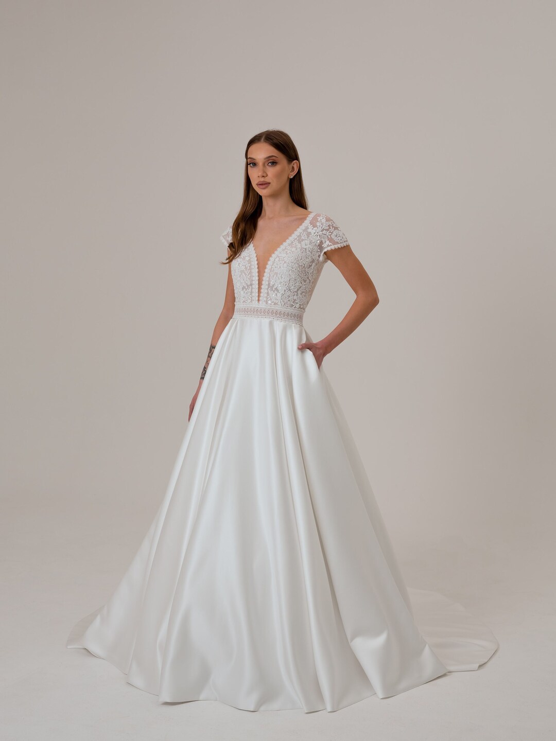 Vintage Layered Royal Satin Wedding Dress with Long Sleeves main image 0