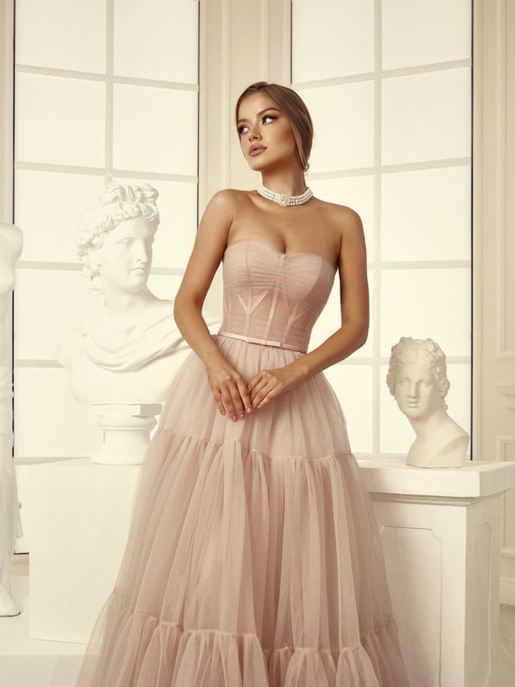 Prom Dress Sweetheart Corset, Powder Party Dress, Romantic A-line Open Top  Dress, Maxi Evening Dress, Banquet Evening Dress, Tulle Dress - Etsy