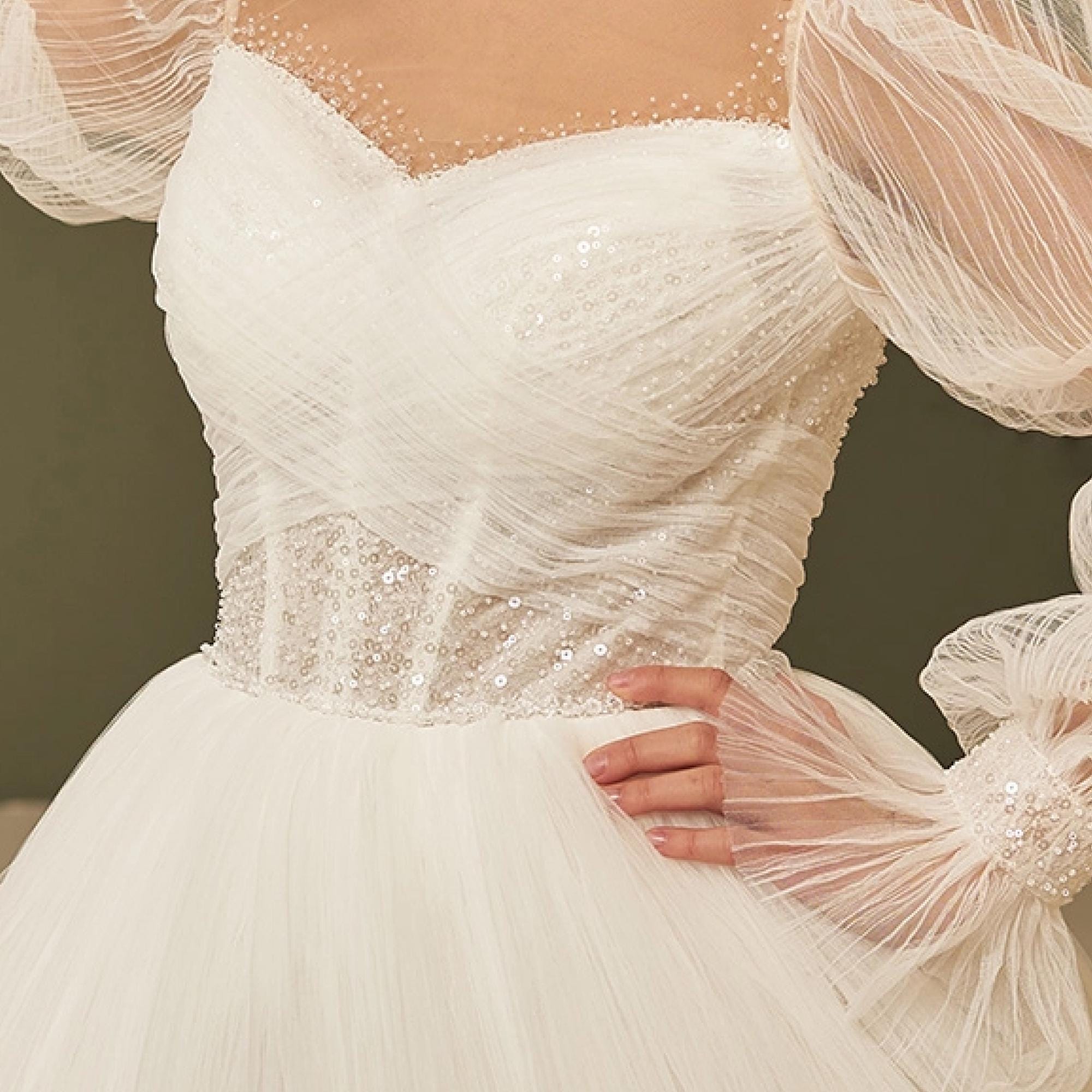 Fairy Wedding Gown, Sparkly Wedding Dress Full Overskirt, Beaded Bridal Dress, Wedding Dress With Puff Long Sleeve, Draped Wedding Dress Fairy Wedding Gown, Sparkly Wedding Dress Full Overskirt, Beaded Bridal Dress, Wedding Dress With Puff Long Sleeve, Draped Wedding Dress