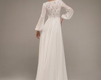 Bohemian Wedding Dress, Bishop Sleeve Bridal Dress, Lace Chiffon Bridal Gown, Train Bridal Dress, Wedding Dress with Lantern Sleeves