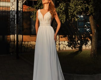 Boho Lace Wedding Dress, V-Neck Bridal Gown, Off Shoulder Wedding Dress, Straight Bridal Dress, Backless Bridal Gown, Beach Bridal Outfit
