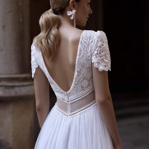 Elegant A-Line Wedding Dress, Ivory Bridal Gown with French Lace Embroidery, High Neck Bridal Dress, Open Back Gown, Romantic Wedding Dress