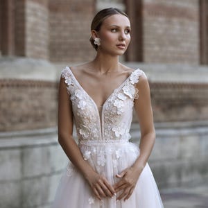 Romantic A-Line Wedding Dress, 3D Lace Floral Bridal Gown, Tulle Skirt with Train, Embroidered Straps Wedding Dress, Bohemian Bridal Gown